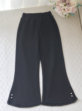 110-150女童宝宝花边喇叭裤中大童春秋长裤公主纯色黑色时尚裤子