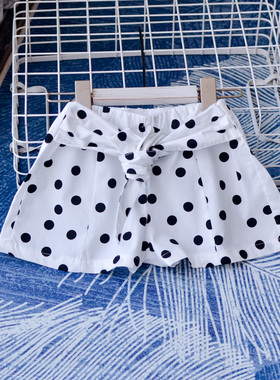 外贸俄罗斯~女童宝宝白色波点纯棉梭织短裤小童绑带薄款休闲热裤