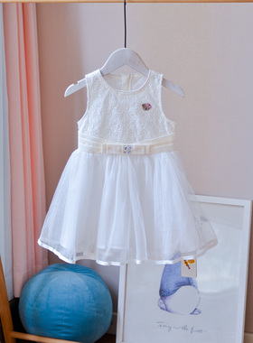 国内柜~80-110女婴儿刺绣连衣纱裙女宝宝白色背心裙腰带公主圆领