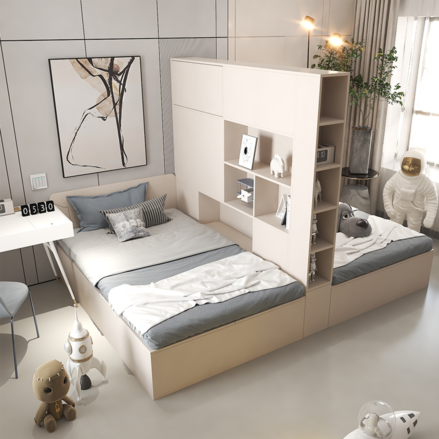 互不干扰姐弟床子母床双人床小户型带隔断的床奶油风儿童房储物床