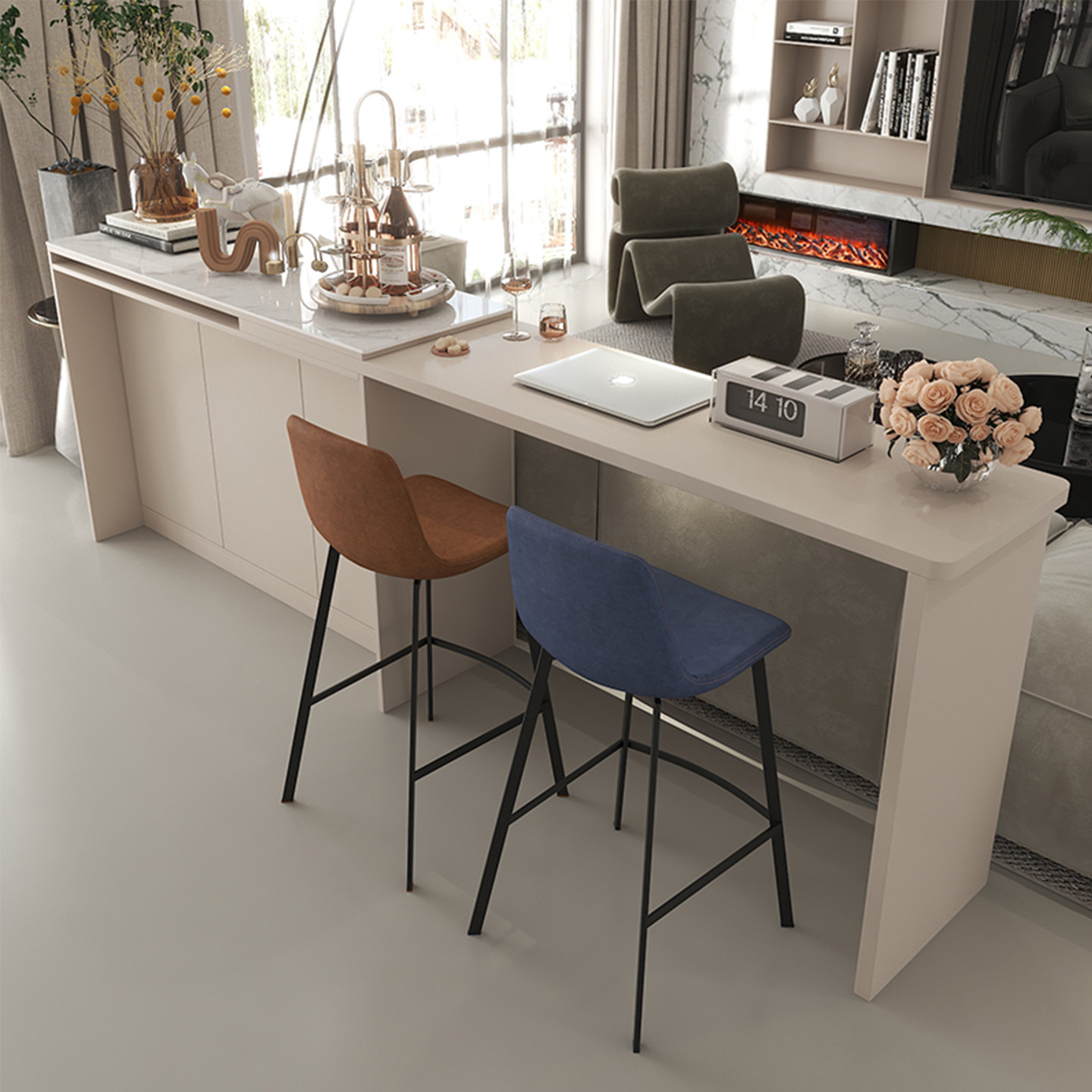 吧台桌家用客厅隔断岩板长条桌伸缩一体柜旋转折叠沙发后岛台定制