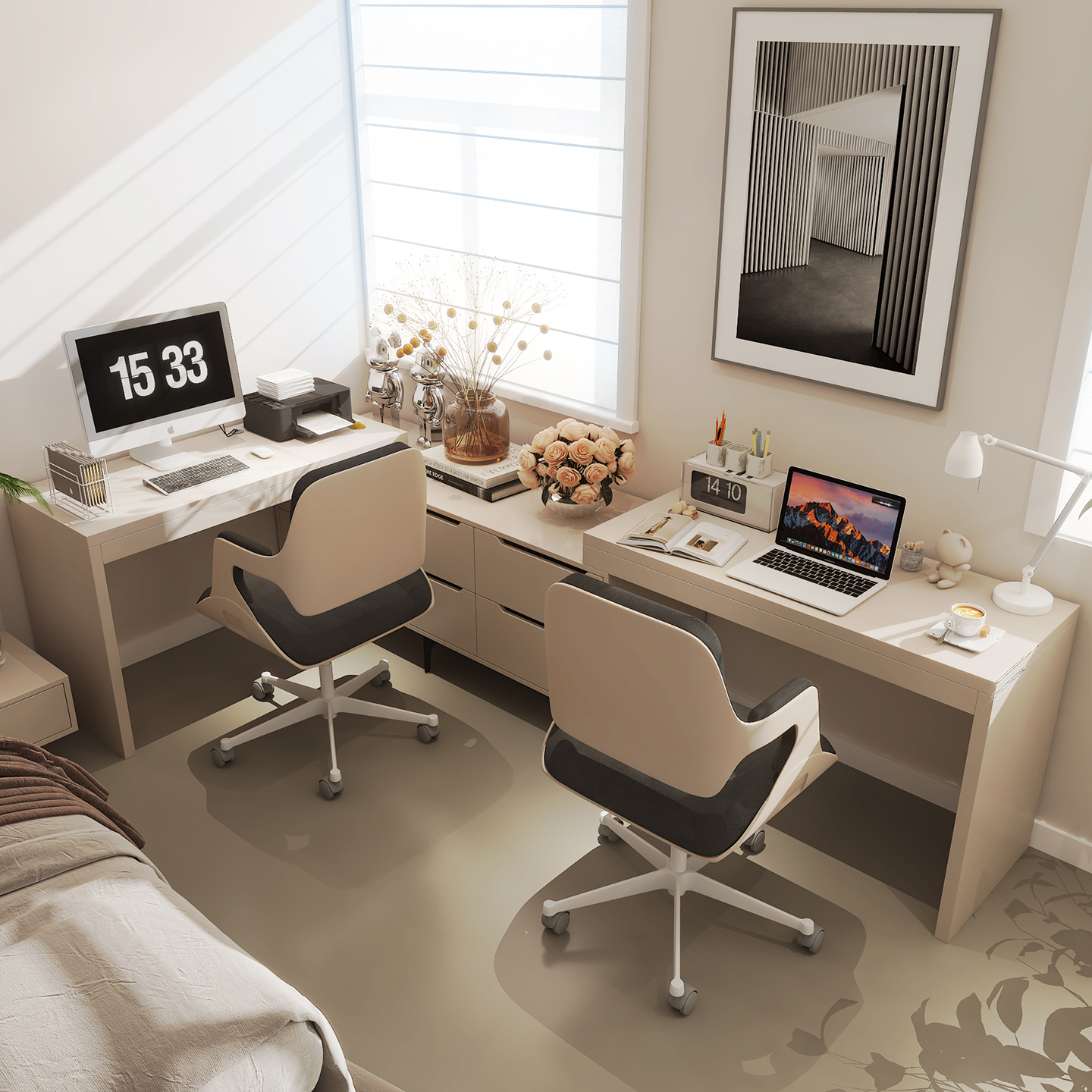 转角书桌一体靠墙双人学习桌定制