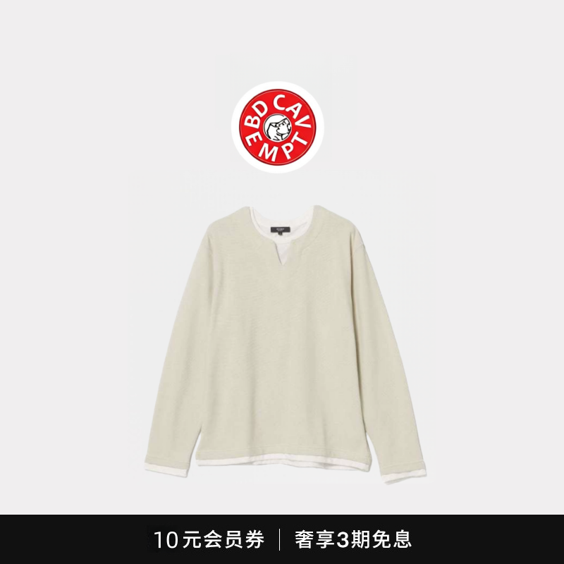 [5折现货]BD CAVEMPT开衩V领华夫格假两件圆领打底宽松长袖T恤男