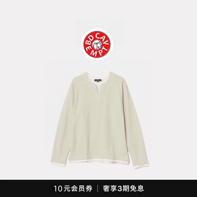 [5折现货]BD CAVEMPT开衩V领华夫格假两件圆领打底宽松长袖T恤男