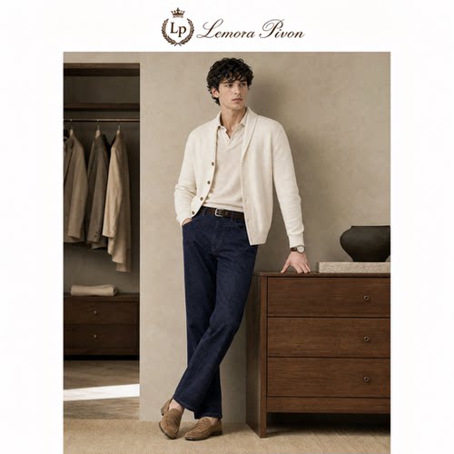 Lemora Pivon麻点深蓝色薄款聚酯纤维弹力棉直筒修身男士牛仔裤