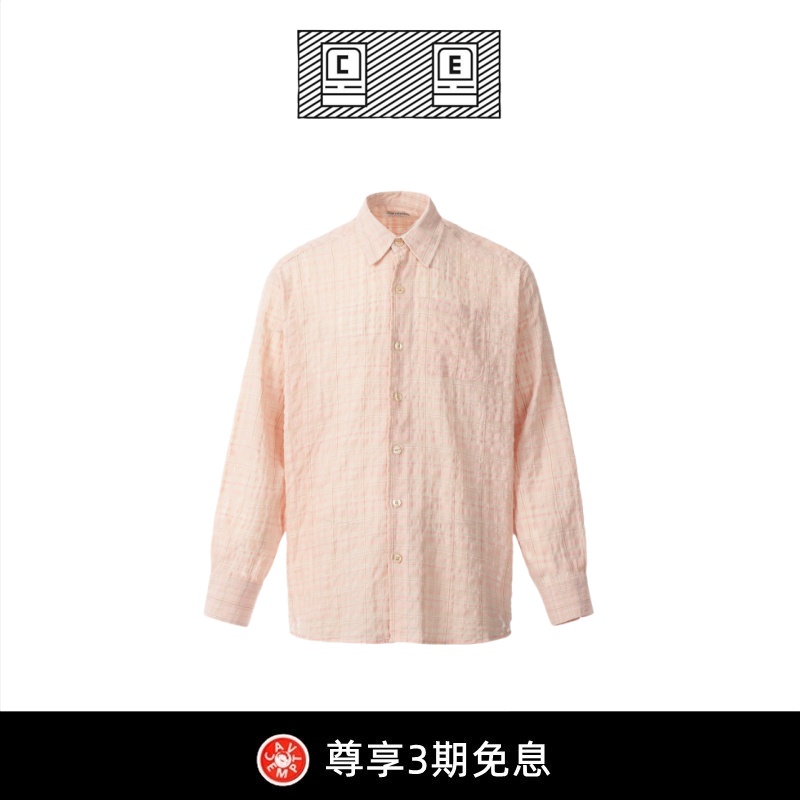 【BD CAVEMPT】低饱和粉红色泡泡褶皱纱衬衫休闲宽松廓形格纹长袖