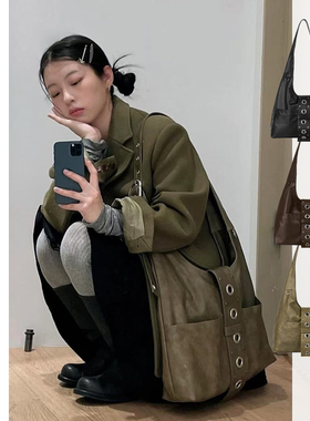 W3秋冬韩国小众Hieta大容量单肩托特包铆钉朋克辣妹风斜挎Hobo包