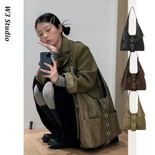 W3秋冬韩国小众Hieta大容量单肩托特包铆钉朋克辣妹风斜挎Hobo包
