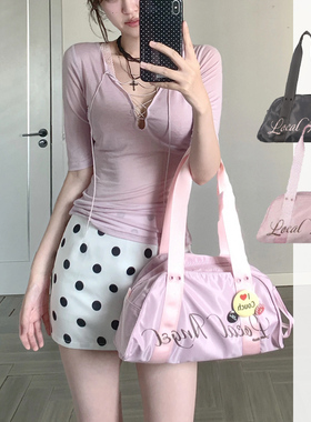 韩国小众Rei直井怜同款字母印花尼龙保龄球单肩包超轻健身托特包