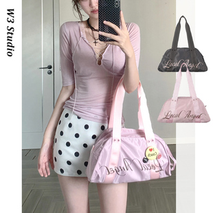 韩国小众Rei直井怜同款字母印花尼龙保龄球单肩包超轻健身托特包