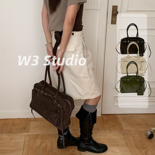 333Studio秋冬磨砂牛皮复古公文包赵露思同款大容量通勤单肩包