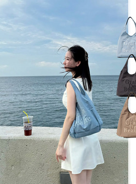 W3韩国小众尼龙手提单肩包字母刺绣百搭休闲手提购物袋车银优同款