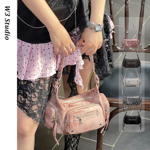 W3韩国小众blackpurple辣妹迷你机车包铆钉多口袋手提单肩斜跨包