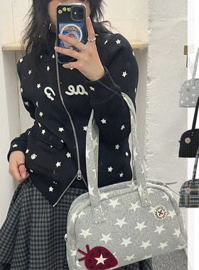 韩国小众aeae学院风草莓贴布手提单肩腋下包星星格纹刺绣保龄球包