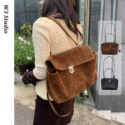 333Studio韩系小众RIBBONBIT麂皮绒棕色金属锁扣单肩腋下手提包女