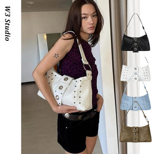 W3韩系小众hieta包复古朋克风铆钉单肩腋下包女通勤大容量托特包
