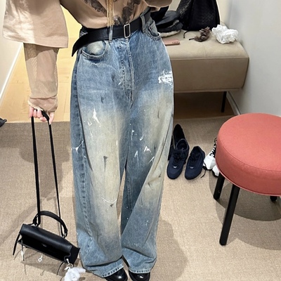 ac泼墨蓝做旧牛仔裤阔腿裤