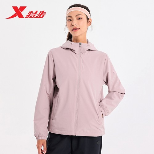 特步外套女装2025秋季新款梭织保暖风衣连帽防风夹克976328160061