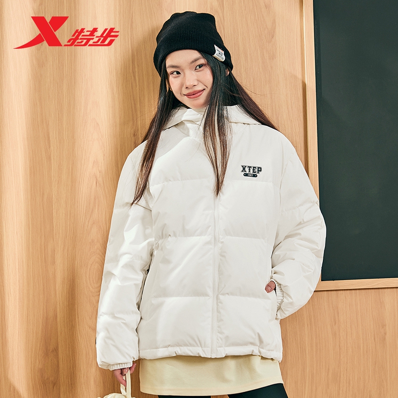 特步有暖气羽绒服男女同款2025冬季保暖运动棉服连帽防风外套夹克