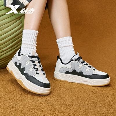 特步华夫鞋女鞋冬季新款加绒保暖板鞋休闲运动鞋女士厚底增高鞋子