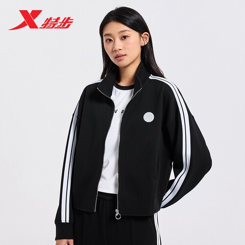 特步女子外套2026春季新款针织上衣立领开衫运动夹克976328060053