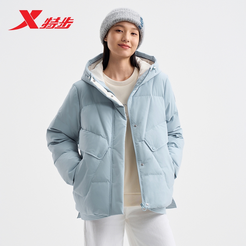 特步有暖气羽绒服女款2025冬季加厚连帽外套保暖防泼水羽绒上衣女