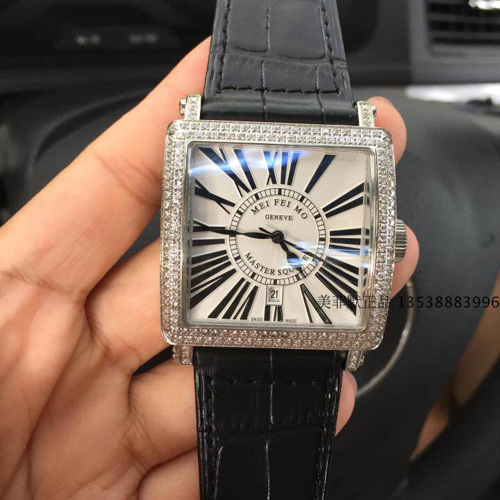 网红快手fm手表 镶钻方型防水罗马日历情侣表 fm真皮男表女表中性