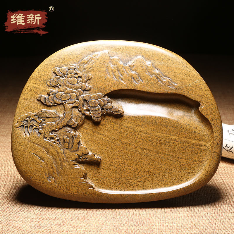 匠心非遗歙砚大师作品山水题材手工雕刻文房砚台天然老坑黄鱼籽龙尾山原石文房收藏送礼佳品礼盒忆江南