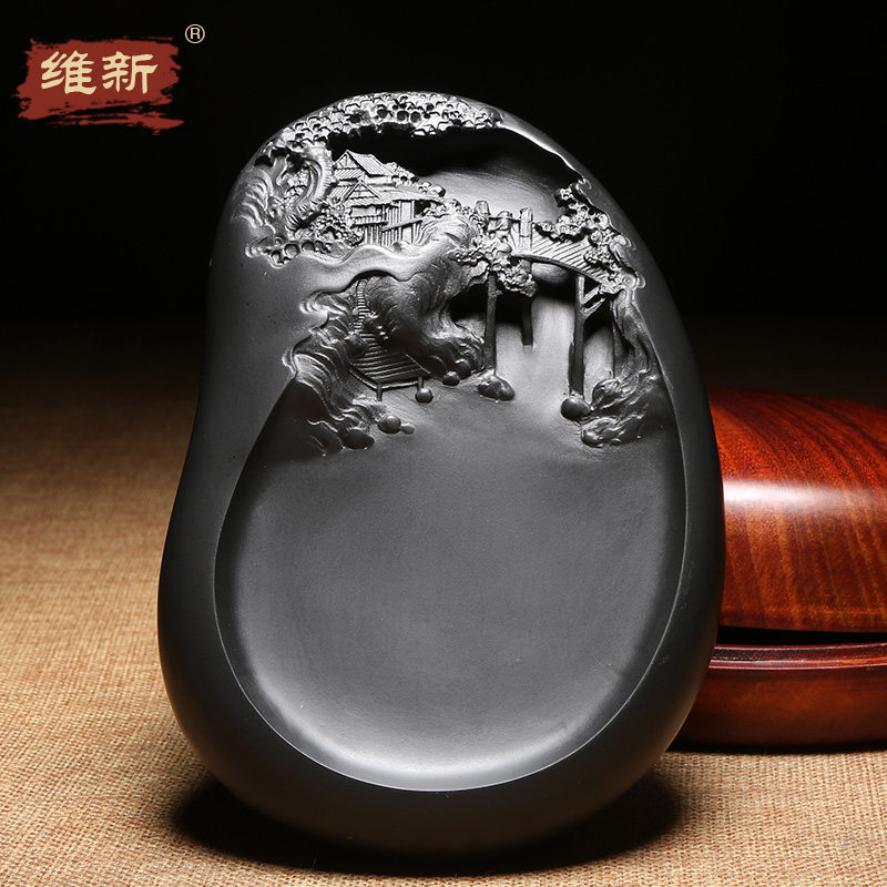 匠心非遗歙砚名师创意浮雕作品《樵》自然山水意境原石手工老坑黑龙尾籽料高档砚台书法绘画摆件收藏送礼木盒