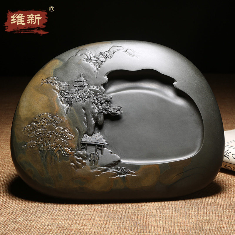 匠心非遗 歙砚大师作品手工立体雕刻老坑金晕籽料龙尾砚台天然原石文房四宝高档摆件送礼佳品收藏江南晨雾