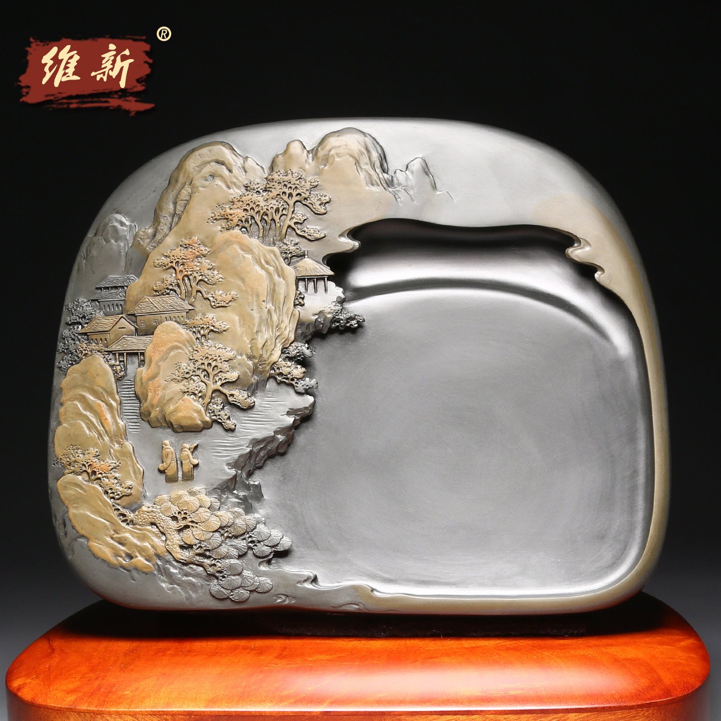 维新非遗大师手工作品高档砚台配木盒礼盒老坑原石天然歙砚砚台收藏大气高档送礼文房四宝砚台《紫气东来》