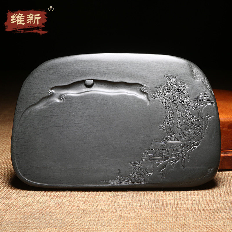 维新匠心非遗名师徽州歙砚手工匠心老坑精品砚天然原石砚台歙砚端砚高档实用老坑罗纹四大名砚配木盒烟江初晓