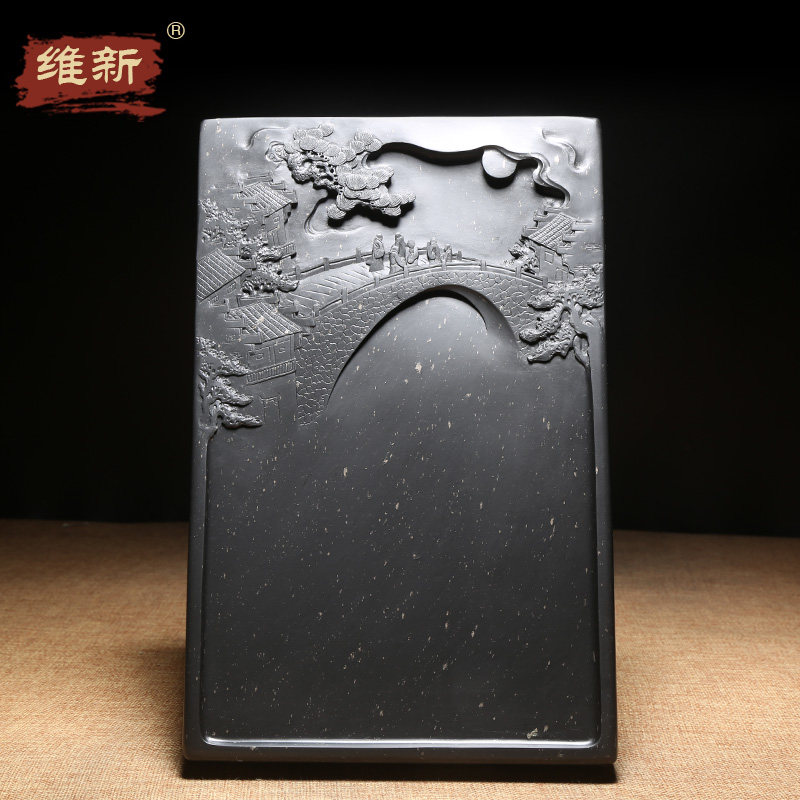 维新匠心非遗安徽歙砚 精品老坑金星天然原石名师孤品《溪山胜境》文房四宝国画书法收藏送礼端砚书房摆件