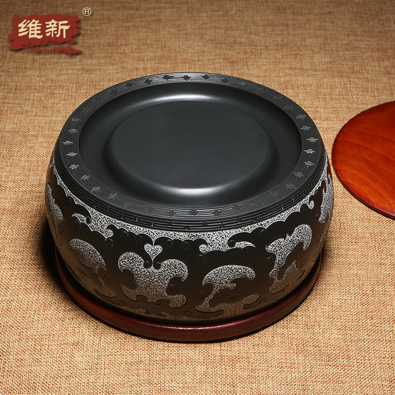工艺大师柯崇传统歙砚手工雕刻作品《万事如意》龙尾山老坑黑龙尾原石经典素池砚台文房四宝收藏礼品摆件_虎窝淘