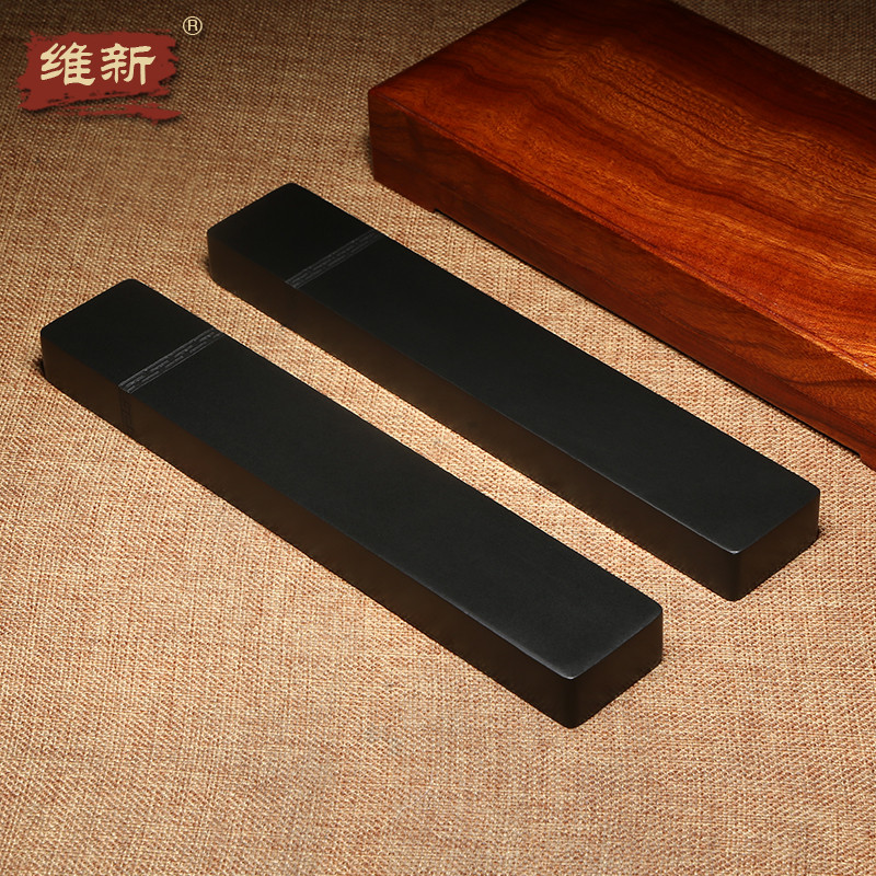 维新精品名师歙砚创意文房作品如意镇纸经典仿古回纹手工镇尺龙尾山老坑籽料黑龙尾高档礼盒收藏送礼木盒装