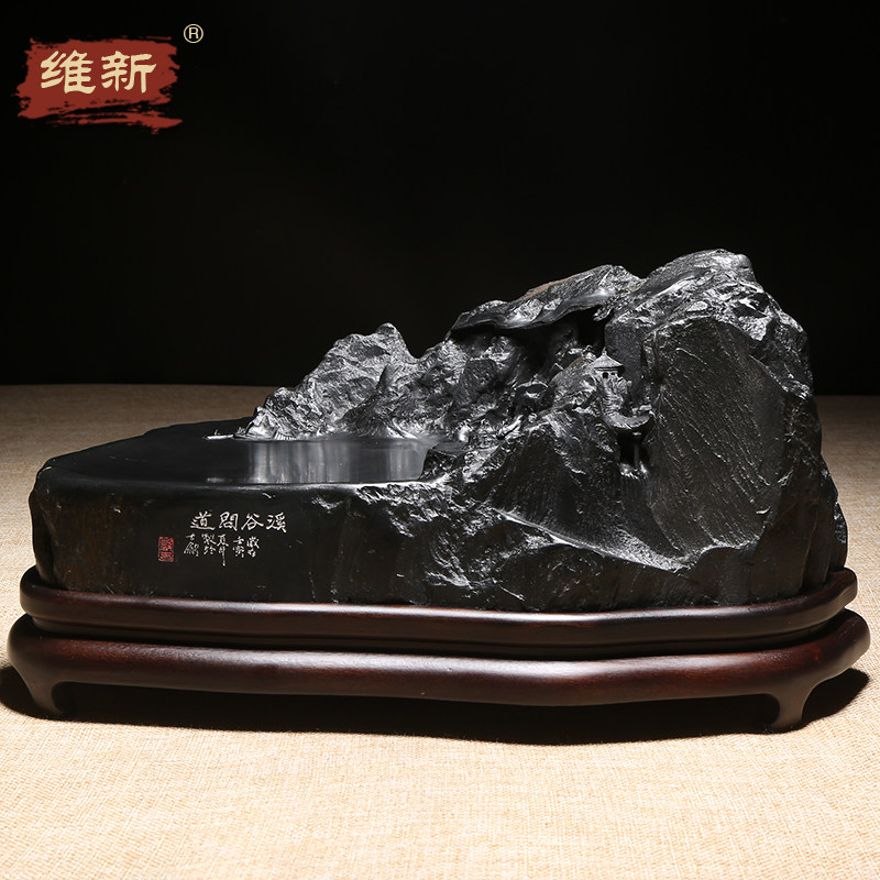 维新匠心非遗孤品歙砚名师手工雕刻《溪谷问道》四大名砚台办公室大气摆件籽料天然老坑原石高档收藏