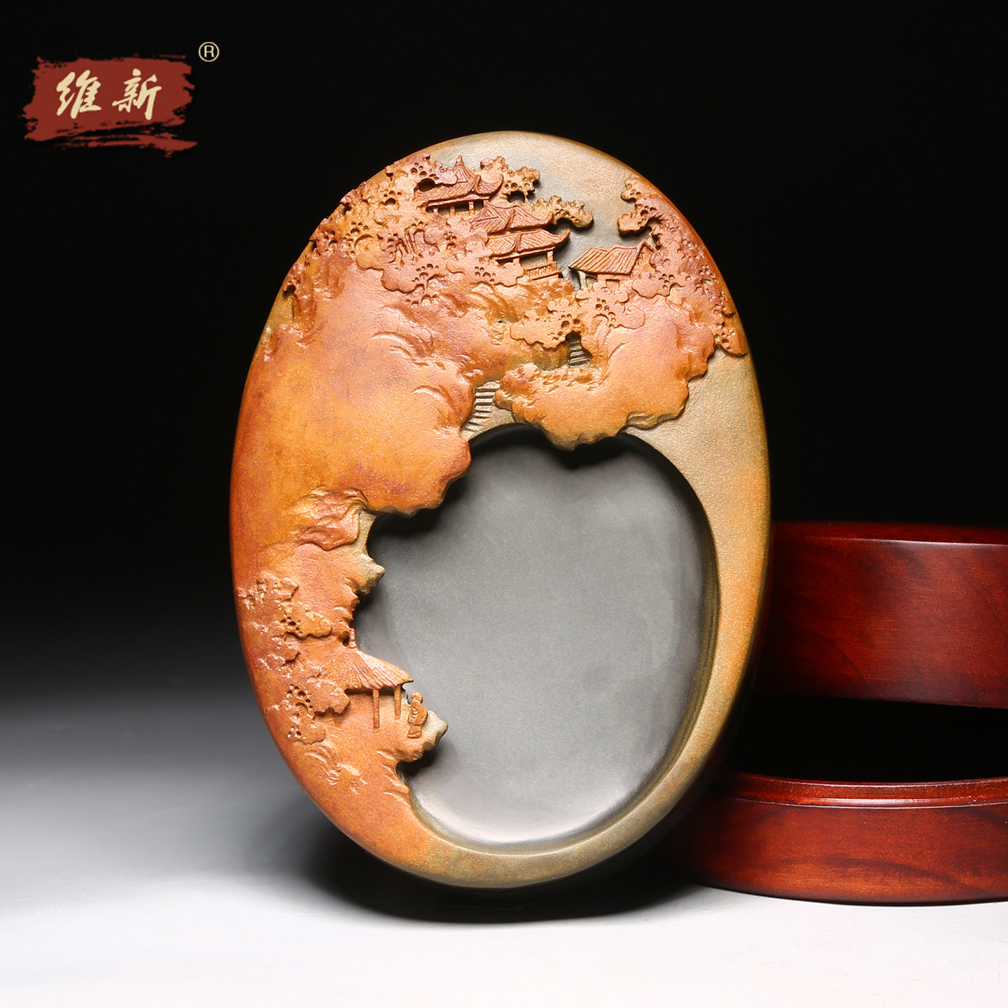 维新 砚台名师手工雕刻作品《鸿运当头》文房书法用品送礼佳品歙砚名砚老坑金晕俏色巧雕收藏送礼高档礼物