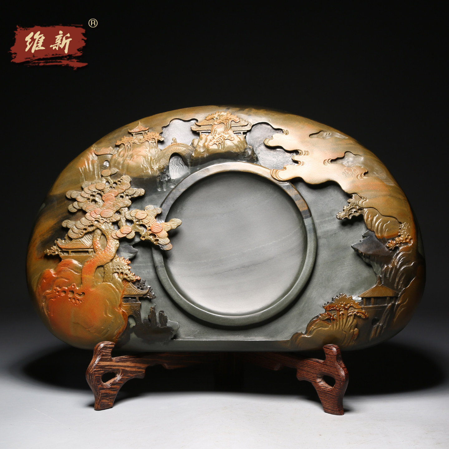 维新 非遗大师砚台作品《紫气东来》名师手工雕刻金晕歙砚天然原石老坑砚安徽高档精品礼物文房四宝送礼收藏