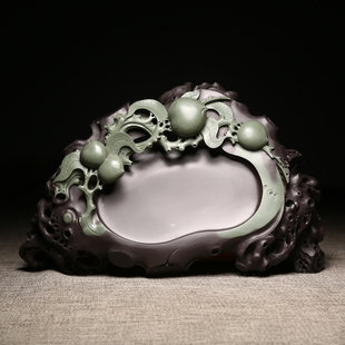 维新 非遗大师砚台作品《桃李满天下》孤品/名师手工制老坑苴却砚彩砚 天然原石高档精品 文房四宝送礼