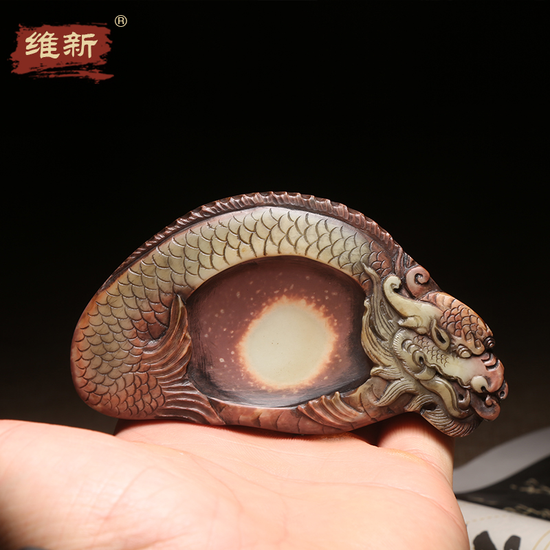 徽州歙砚名师技艺作品《鱼化龙》天然原石紫袍玉带玉石手工砚台紫袍玉黛名砚小楷砚台高档收藏把玩小巧