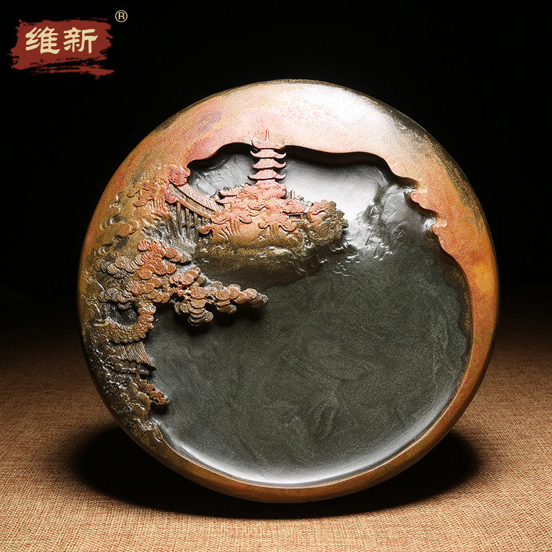 徽州歙砚名师手工雕刻作品山水题材/溪山胜境/原石金皮金晕籽料文房