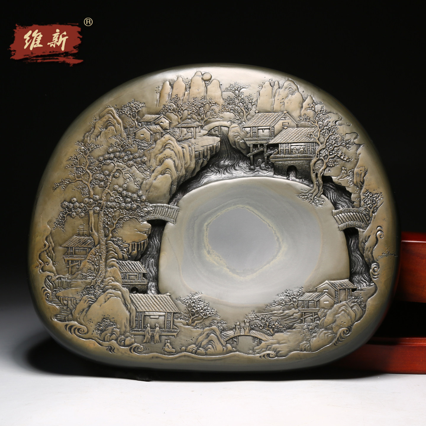 维新 非遗大师砚台作品《旭日东升》名师手工雕刻金晕歙砚天然原石老坑砚安徽高档精品礼物文房四宝送礼收藏