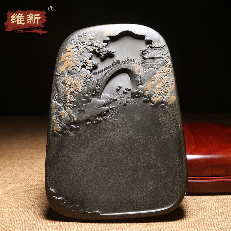 匠心非遗歙砚大师代表作自然造化俏色巧雕手工收藏送礼佳品文房办公室大气高档次摆件老坑金晕籽料秋山观泉