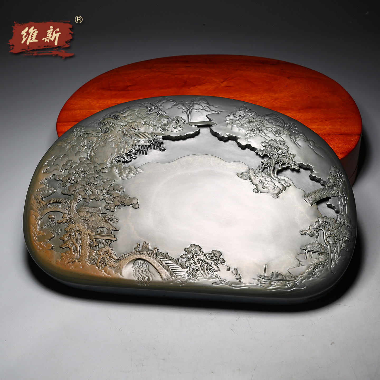 维新非遗大师手工作品砚台《大好河山》配木盒礼盒老坑原石天然歙砚砚台收藏大气高档送礼文房四宝