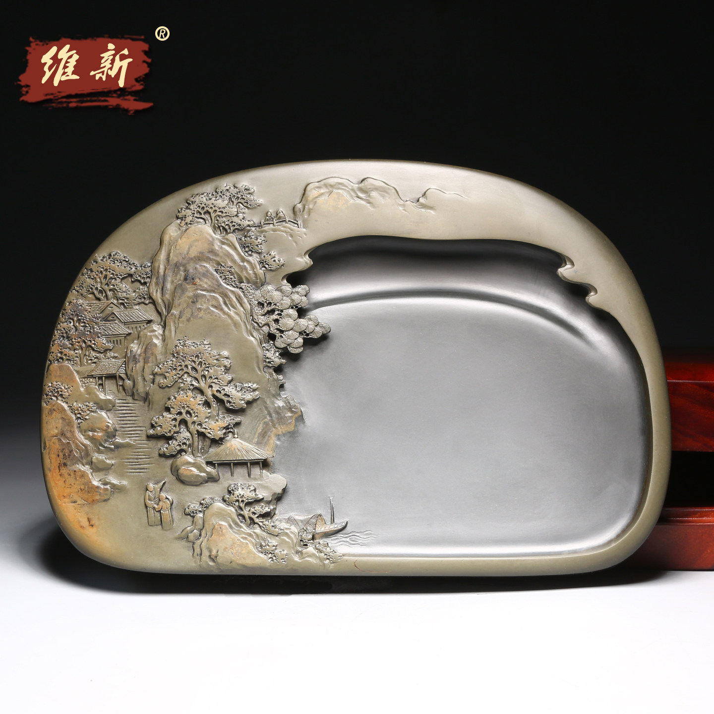 维新非遗大师手工作品高档砚台配木盒礼盒老坑原石天然歙砚砚台收藏大气高档送礼文房四宝砚台《瑞气呈祥》