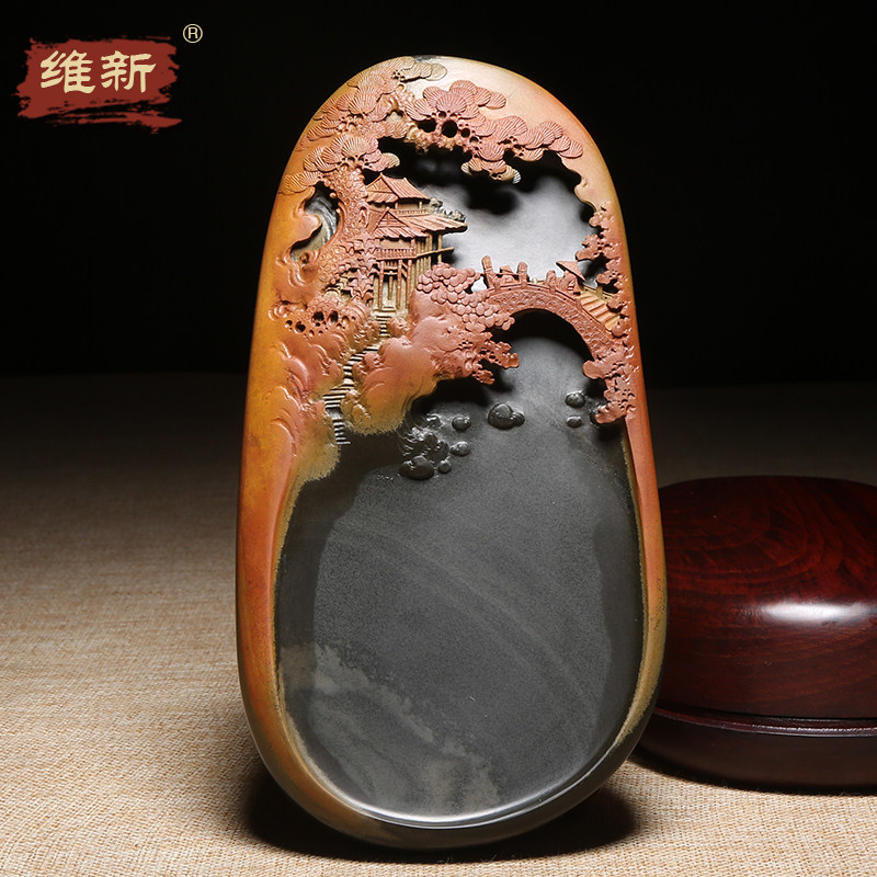 匠心非遗歙砚大师作品《松风雅韵》天然原石砚台老坑金晕砚石名师精手工雕刻高档收藏安徽歙砚老坑配木盒证书