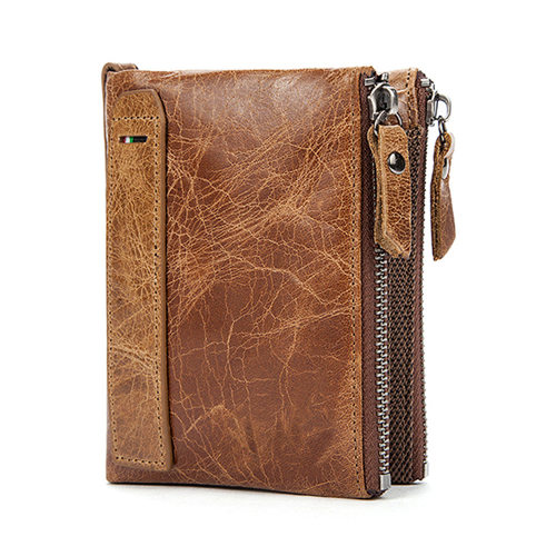 Holders Double Zipper Cowhide Leather Wallet Purse Carteira