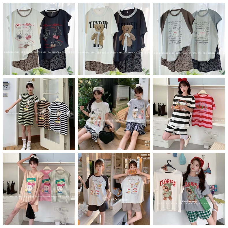 爱笑潘多拉女孩家居服夏季针织全棉短袖短裤大码套装休闲宽松睡衣