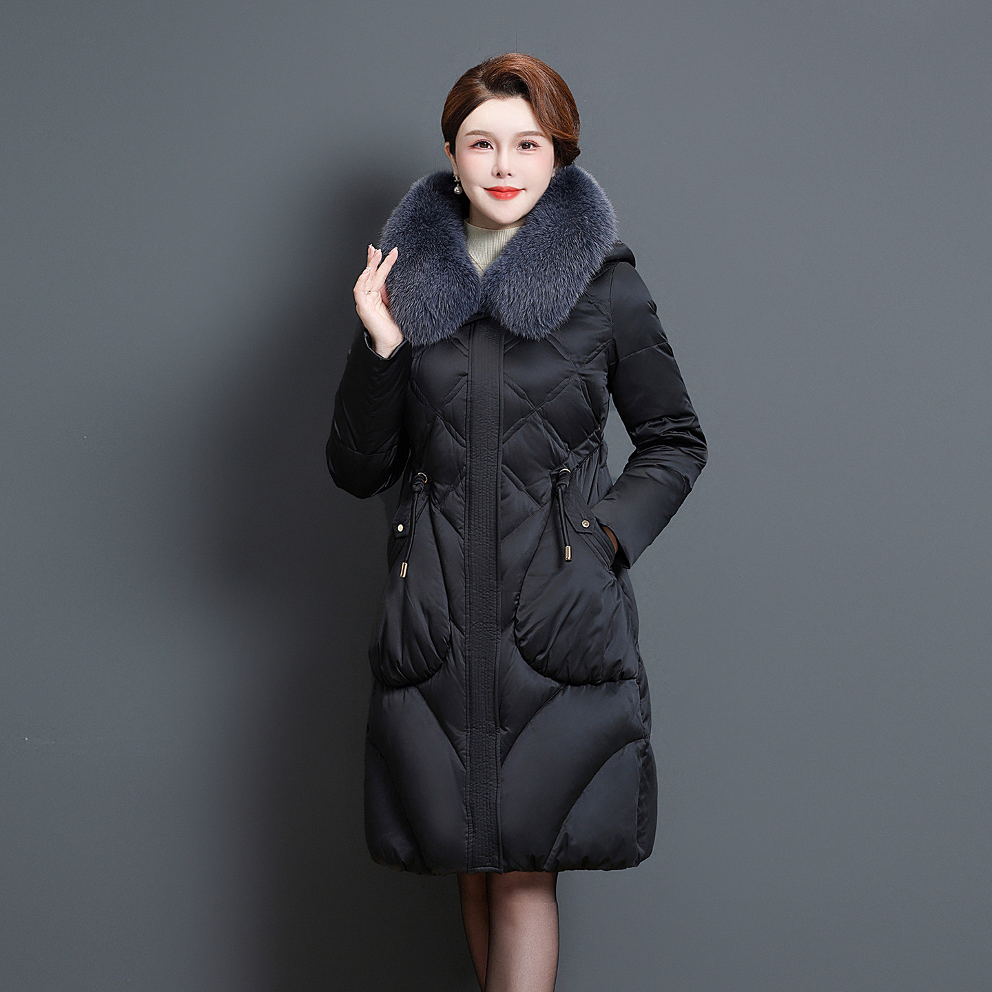中老年羽绒服女中长款冬季新款大毛领加厚收腰显瘦妈妈外套