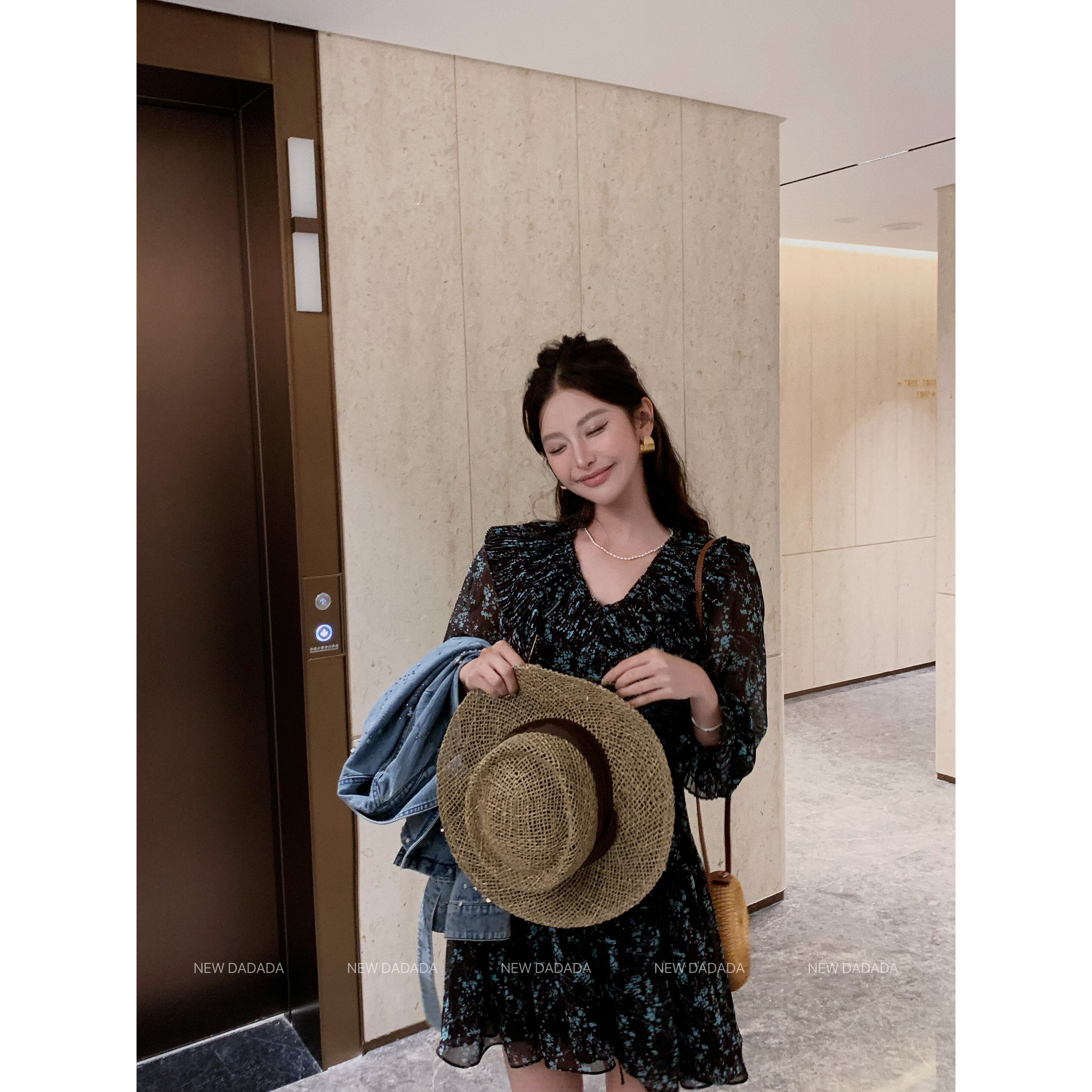 利达NEW DADADA【碎花裙】复古做旧印花连衣裙女宽松不规则百褶裙